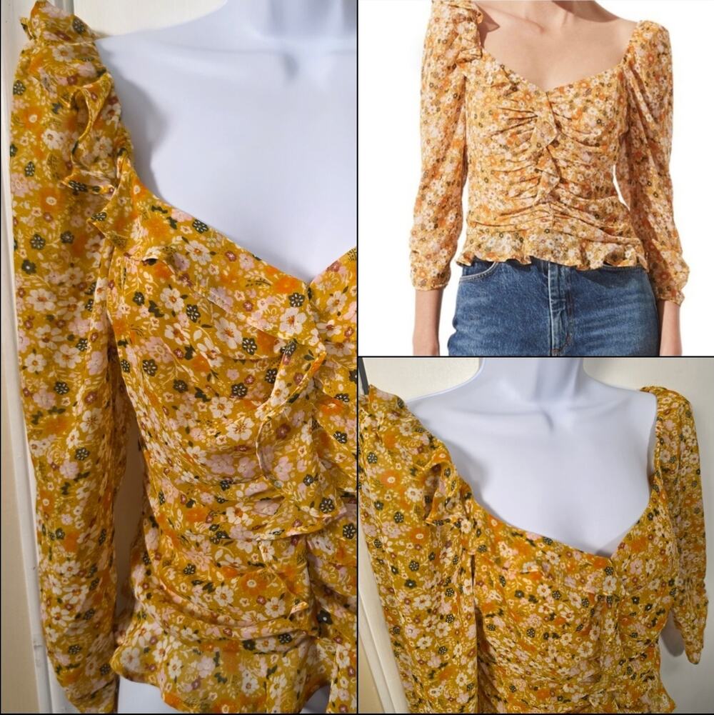 NEW ASTR The Label Womens Floral Cottage Ruched Blouse Sz S Puff Sleeve Dainty